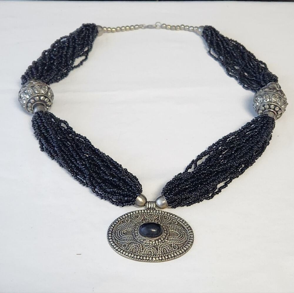 Black Seed Bead Multi-Strand Statement Necklace Silver Tone Etched Pendant Boho